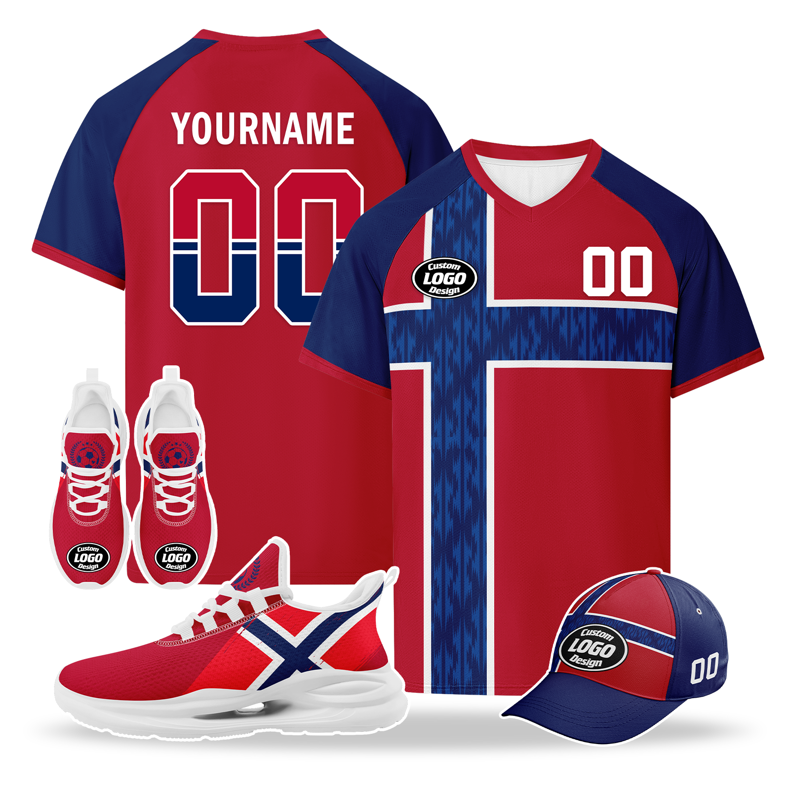 Custom Norway 2026 World Cup High Quality Soccer Stadium Version Jersey Sneakers Sports Shoes and Hat Combo Offer Personalized Team Name and Logo ZH-F00672-1
