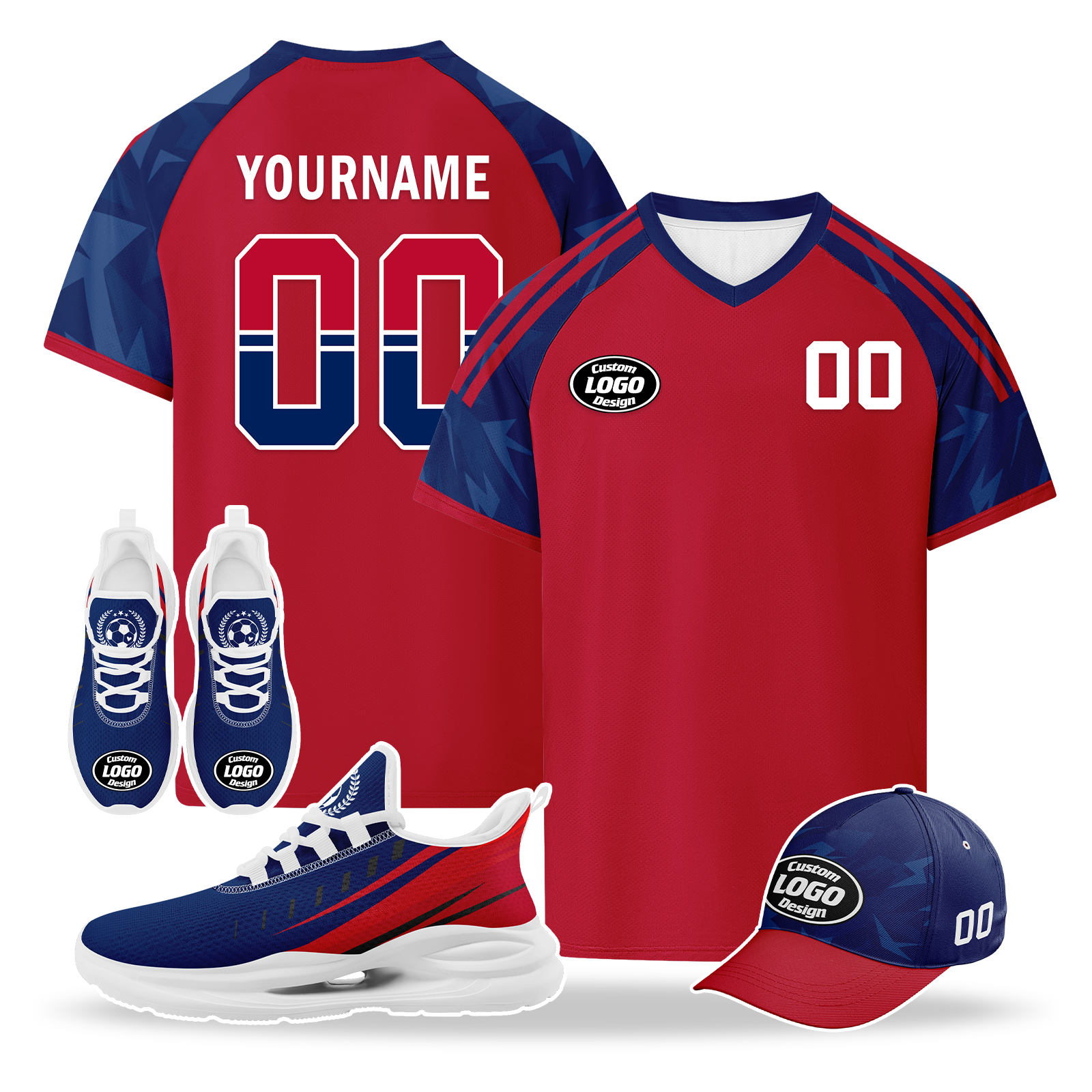Custom Norway 2026 World Cup High Quality Soccer Stadium Version Jersey Sneakers Sports Shoes and Hat Combo Offer Personalized Team Name and Logo ZH-F00672-2
