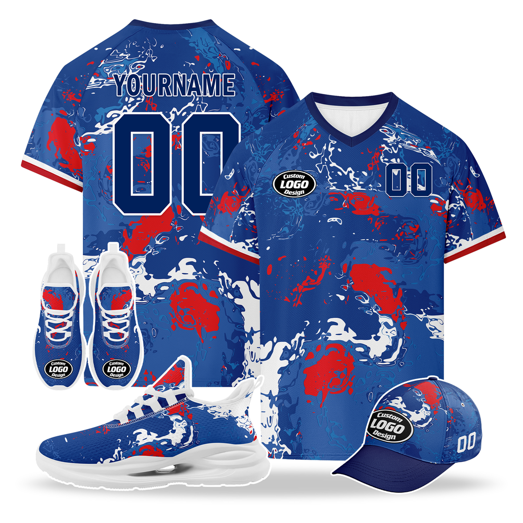 Custom Norway 2026 World Cup High Quality Soccer Stadium Version Jersey Sneakers Sports Shoes and Hat Combo Offer Personalized Team Name and Logo ZH-F00672-3