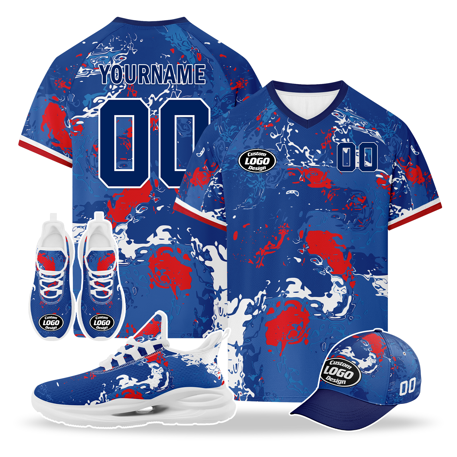 Custom Norway 2026 World Cup High Quality Soccer Stadium Version Jersey Sneakers Sports Shoes and Hat Combo Offer Personalized Team Name and Logo ZH-F00672-3