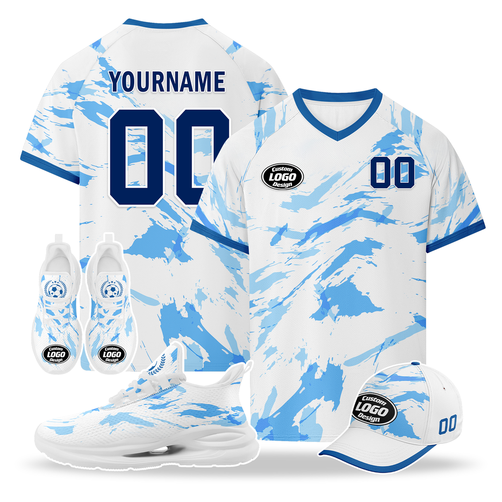 Custom Norway 2026 World Cup High Quality Soccer Stadium Version Jersey Sneakers Sports Shoes and Hat Combo Offer Personalized Team Name and Logo ZH-F00672-4