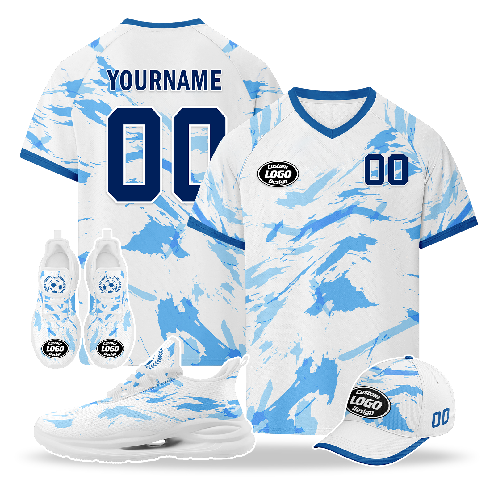 Custom Norway 2026 World Cup High Quality Soccer Stadium Version Jersey Sneakers Sports Shoes and Hat Combo Offer Personalized Team Name and Logo ZH-F00672-4