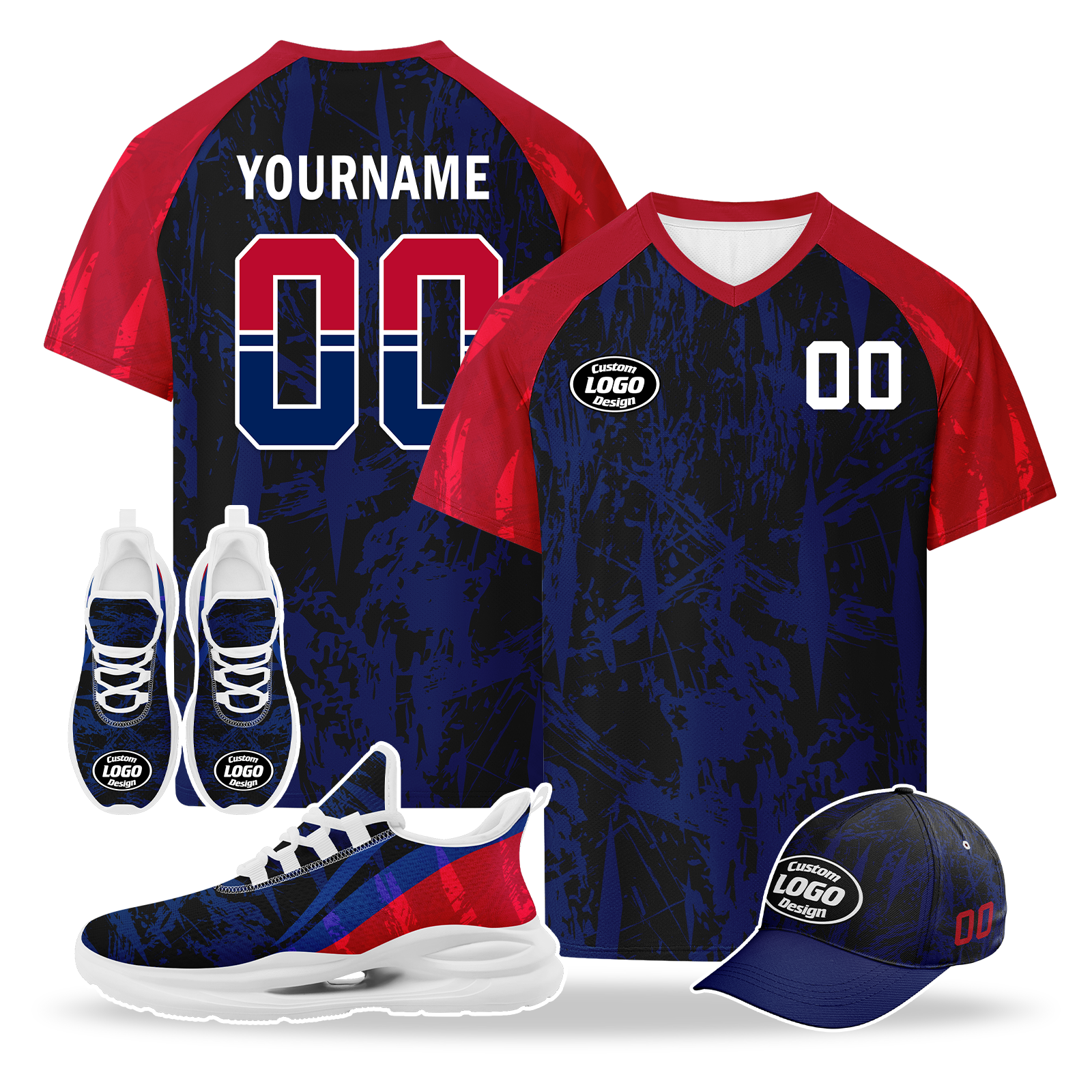 Custom Norway 2026 World Cup High Quality Soccer Stadium Version Jersey Sneakers Sports Shoes and Hat Combo Offer Personalized Team Name and Logo ZH-F00672-5