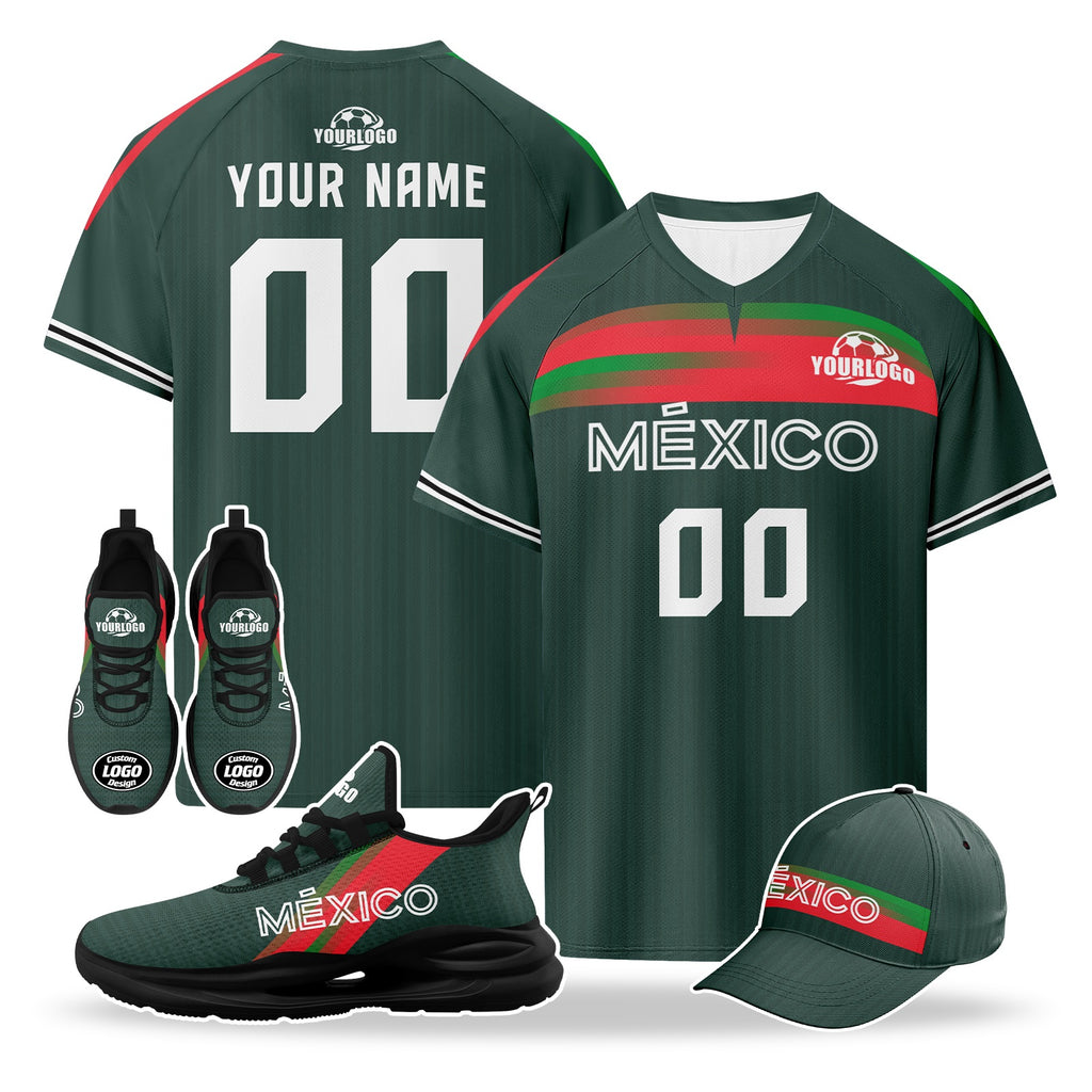 Custom Mexico 2026 World Cup High Quality Soccer Stadium Version Jersey Sneakers Sports Shoes and Hat Combo Offer Personalized Team Name and Logo ZH-F007043-001
