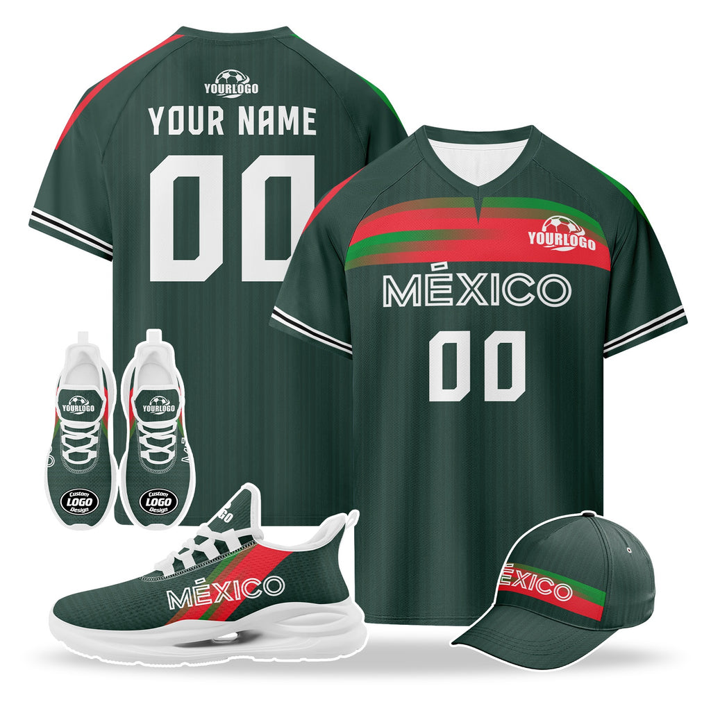 Custom Mexico 2026 World Cup High Quality Soccer Stadium Version Jersey Sneakers Sports Shoes and Hat Combo Offer Personalized Team Name and Logo ZH-F007043-001