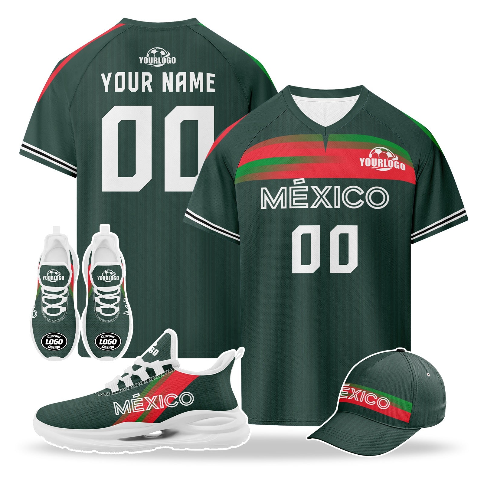 Custom Mexico 2026 World Cup High Quality Soccer Stadium Version Jersey Sneakers Sports Shoes and Hat Combo Offer Personalized Team Name and Logo ZH-F007043-001