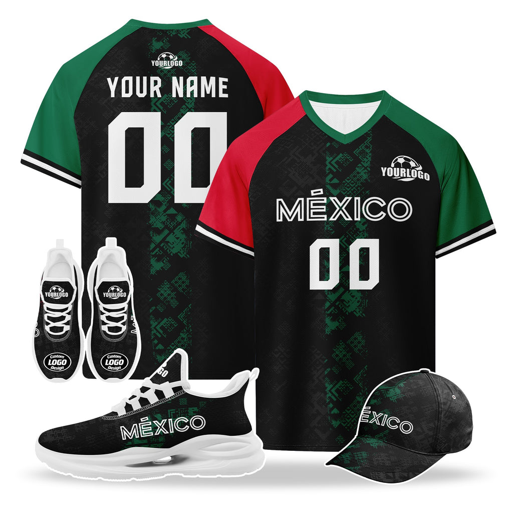 Custom Mexico 2026 World Cup High Quality Soccer Stadium Version Jersey Sneakers Sports Shoes and Hat Combo Offer Personalized Team Name and Logo ZH-F007043-002