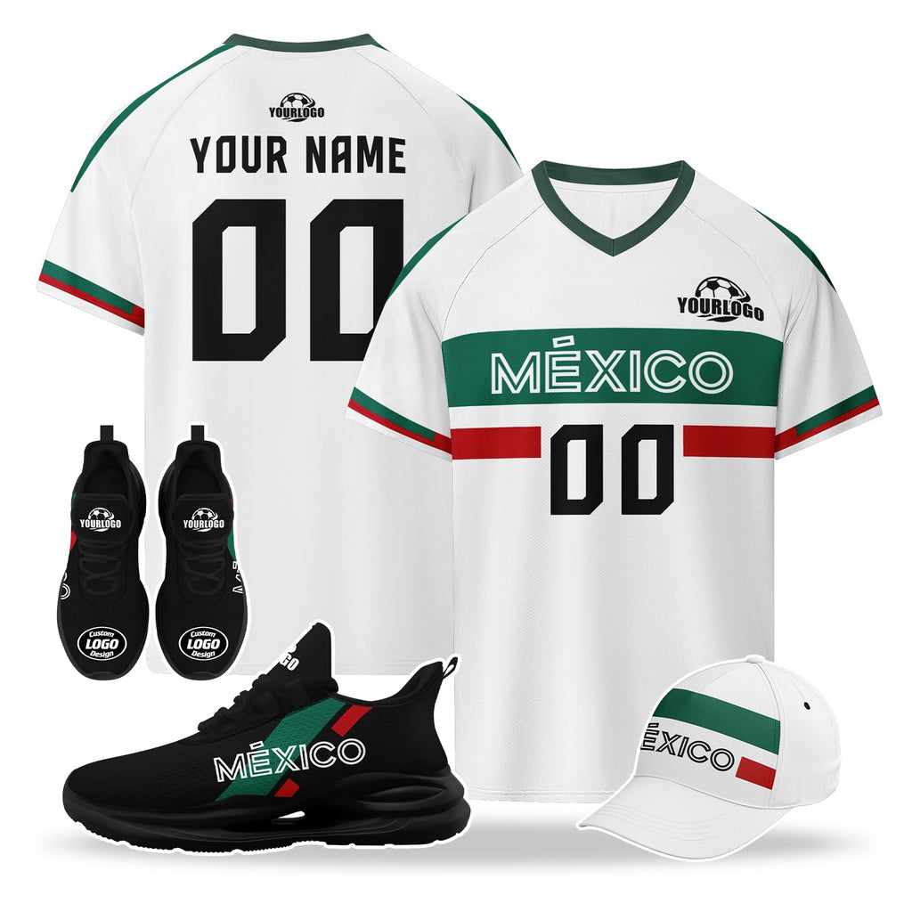 Custom Mexico 2026 World Cup High Quality Soccer Stadium Version Jersey Sneakers Sports Shoes and Hat Combo Offer Personalized Team Name and Logo ZH-F007043-003