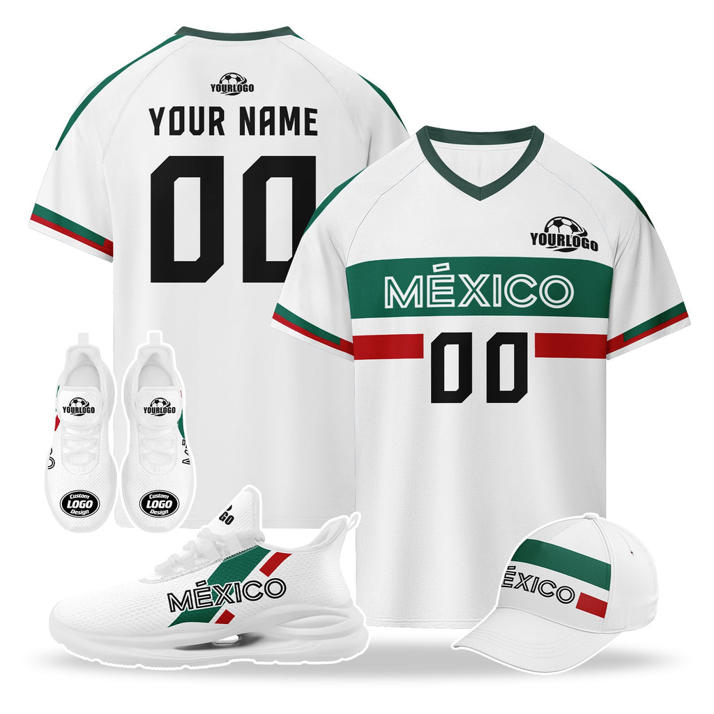 Custom Mexico 2026 World Cup High Quality Soccer Stadium Version Jersey Sneakers Sports Shoes and Hat Combo Offer Personalized Team Name and Logo ZH-F007043-003