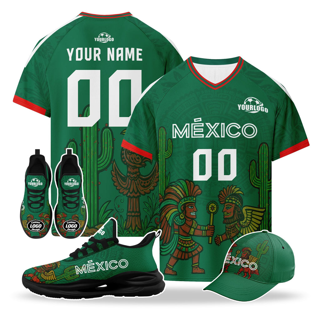 Custom Mexico 2026 World Cup High Quality Soccer Stadium Version Jersey Sneakers Sports Shoes and Hat Combo Offer Personalized Team Name and Logo ZH-F007043-004