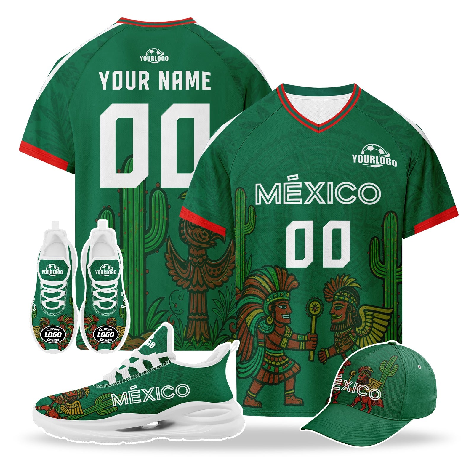 Custom Mexico 2026 World Cup High Quality Soccer Stadium Version Jersey Sneakers Sports Shoes and Hat Combo Offer Personalized Team Name and Logo ZH-F007043-004