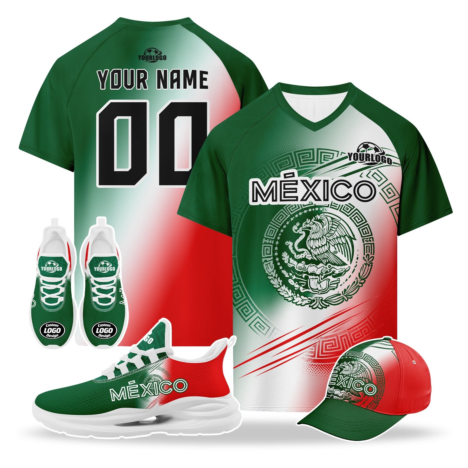 Custom Mexico 2026 World Cup High Quality Soccer Stadium Version Jersey Sneakers Sports Shoes and Hat Combo Offer Personalized Team Name and Logo ZH-F007043-005