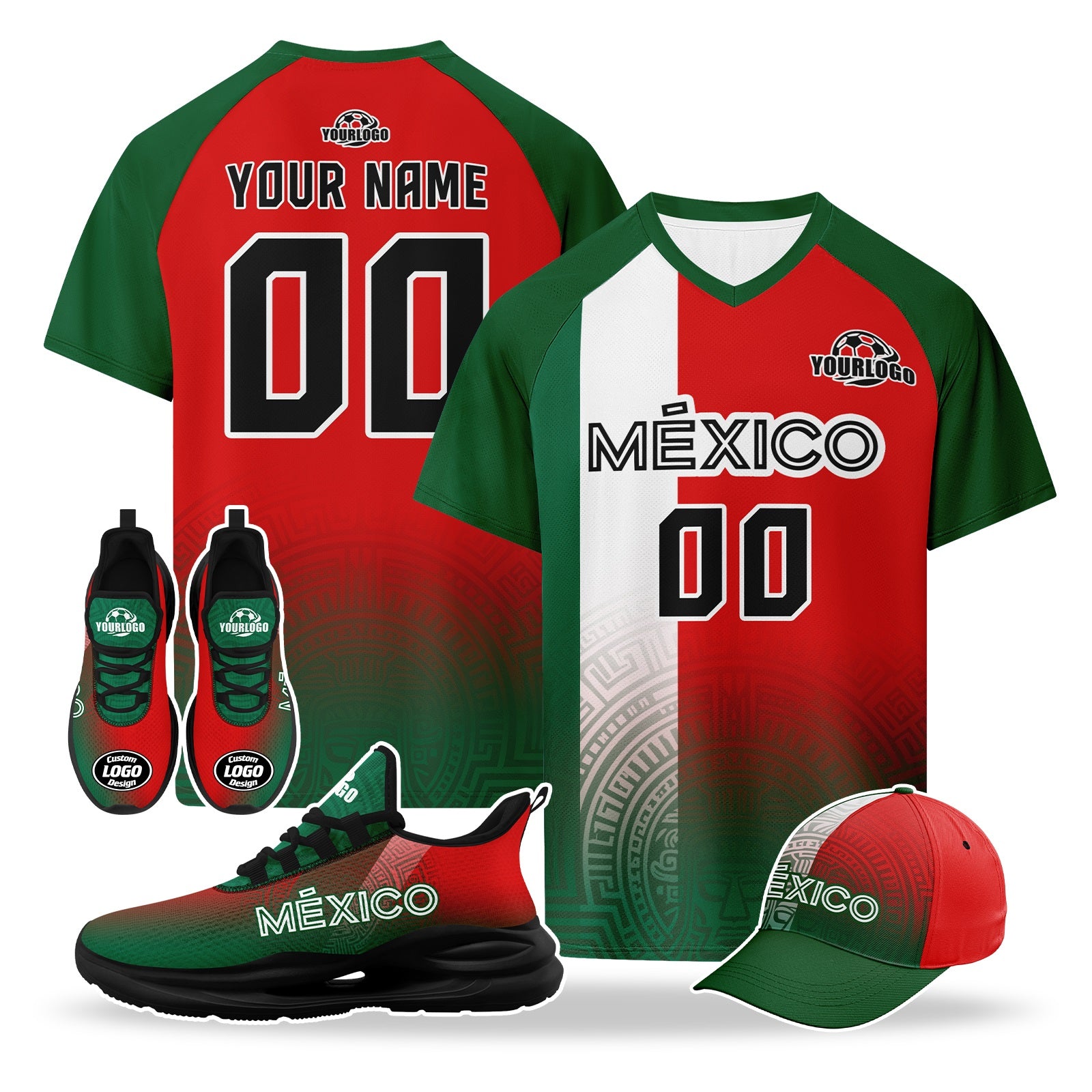 Custom Mexico 2026 World Cup High Quality Soccer Stadium Version Jersey Sneakers Sports Shoes and Hat Combo Offer Personalized Team Name and Logo ZH-F007043-006