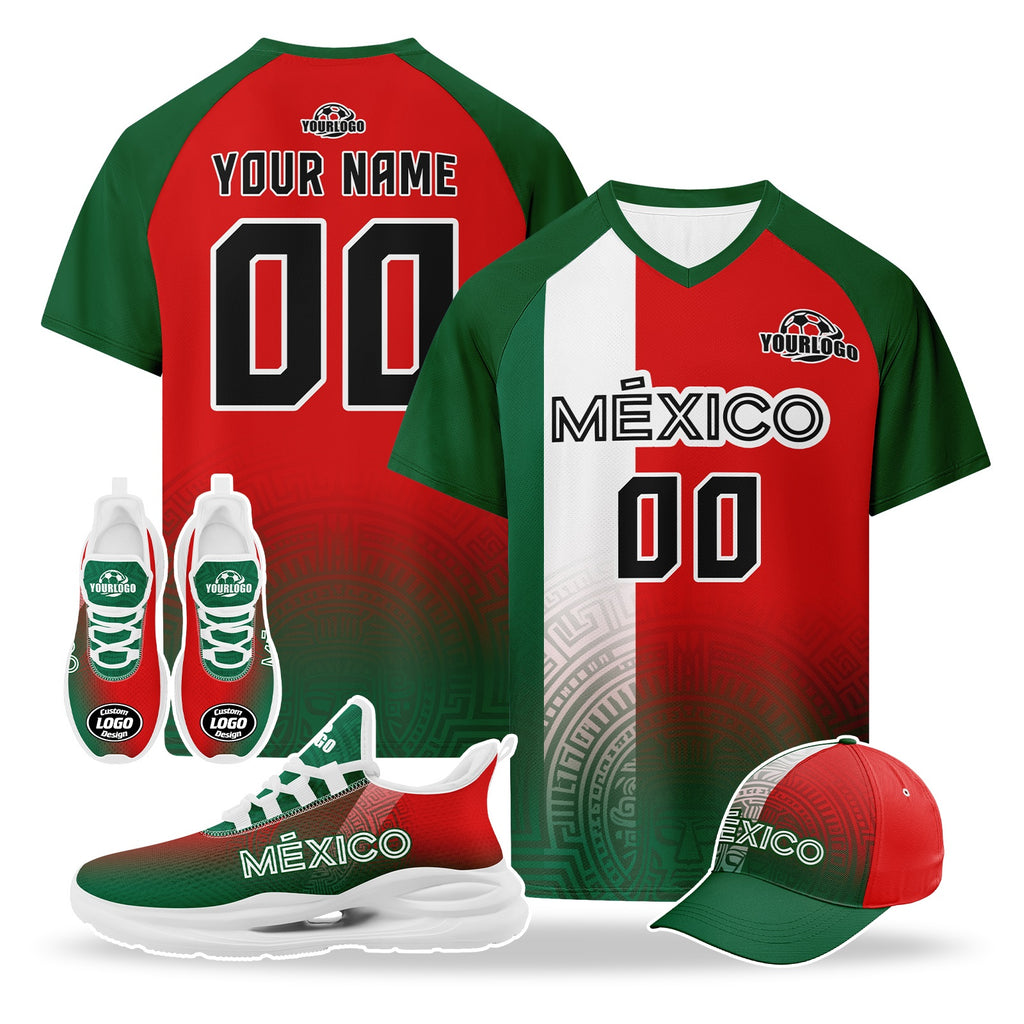 Custom Mexico 2026 World Cup High Quality Soccer Stadium Version Jersey Sneakers Sports Shoes and Hat Combo Offer Personalized Team Name and Logo ZH-F007043-006