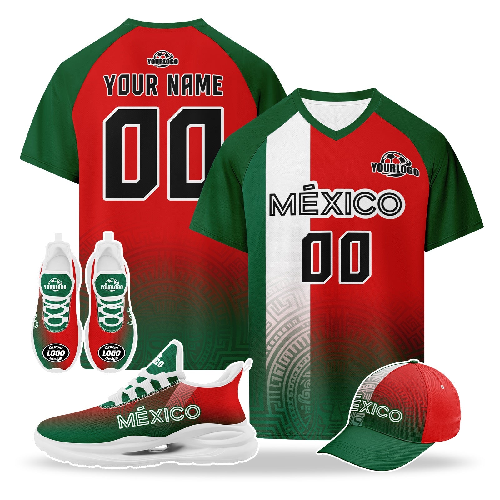 Custom Mexico 2026 World Cup High Quality Soccer Stadium Version Jersey Sneakers Sports Shoes and Hat Combo Offer Personalized Team Name and Logo ZH-F007043-006