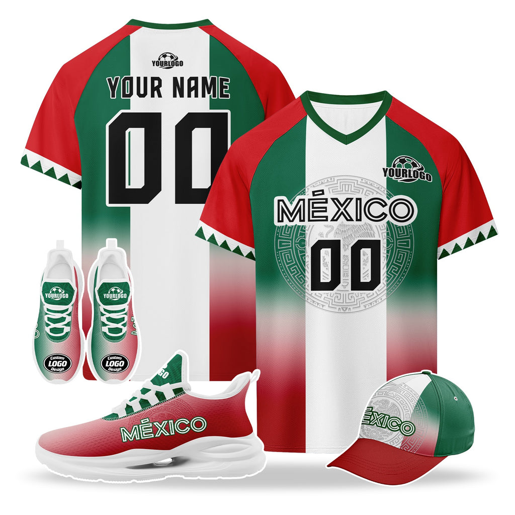 Custom Mexico 2026 World Cup High Quality Soccer Stadium Version Jersey Sneakers Sports Shoes and Hat Combo Offer Personalized Team Name and Logo ZH-F007043-007