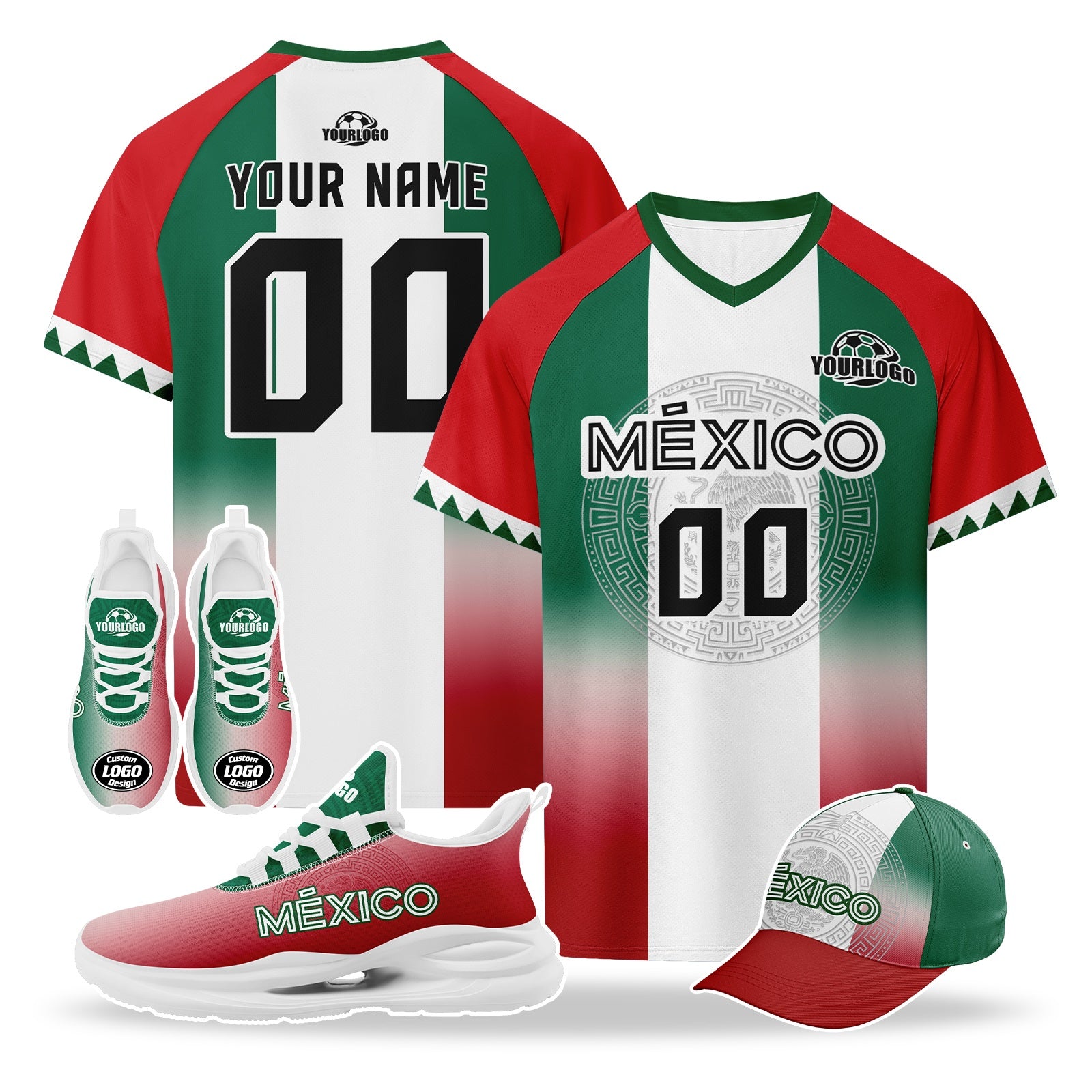 Custom Mexico 2026 World Cup High Quality Soccer Stadium Version Jersey Sneakers Sports Shoes and Hat Combo Offer Personalized Team Name and Logo ZH-F007043-007