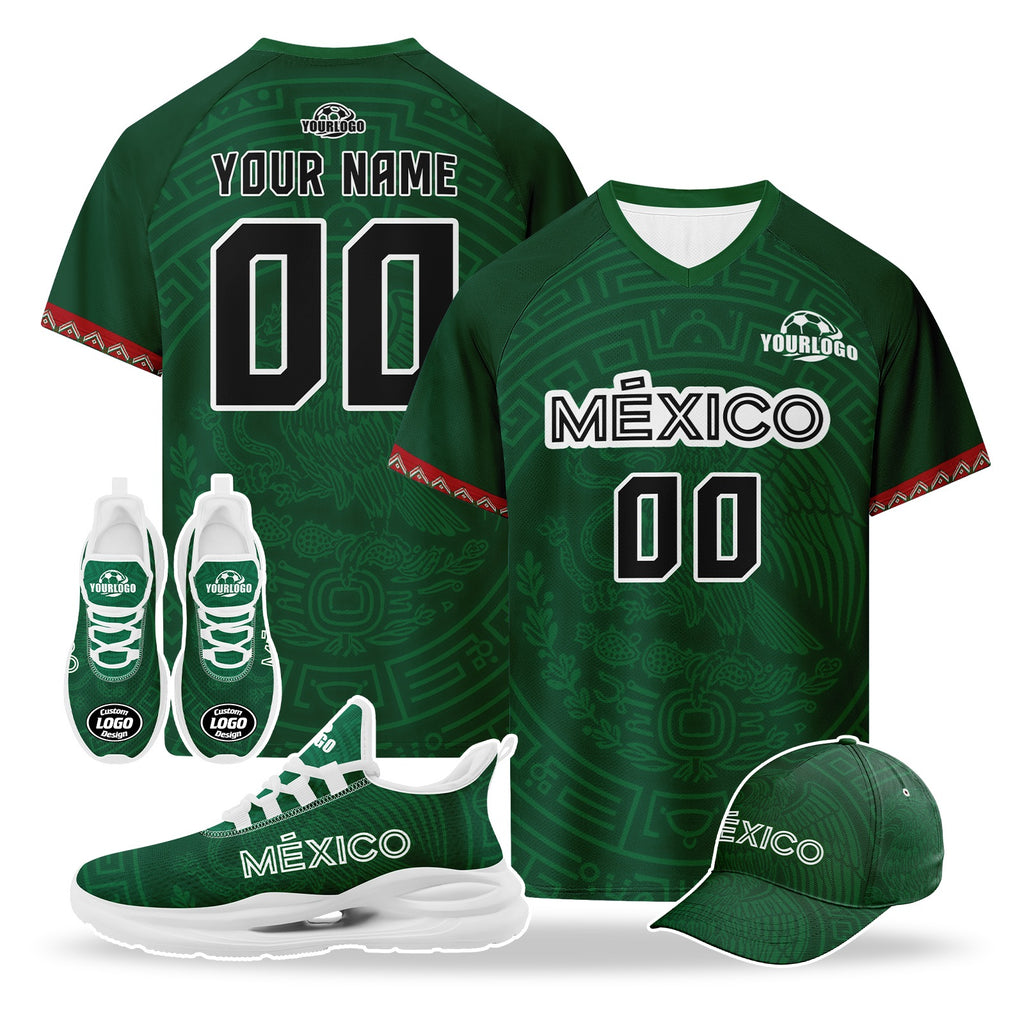 Custom Mexico 2026 World Cup High Quality Soccer Stadium Version Jersey Sneakers Sports Shoes and Hat Combo Offer Personalized Team Name and Logo ZH-F007043-008