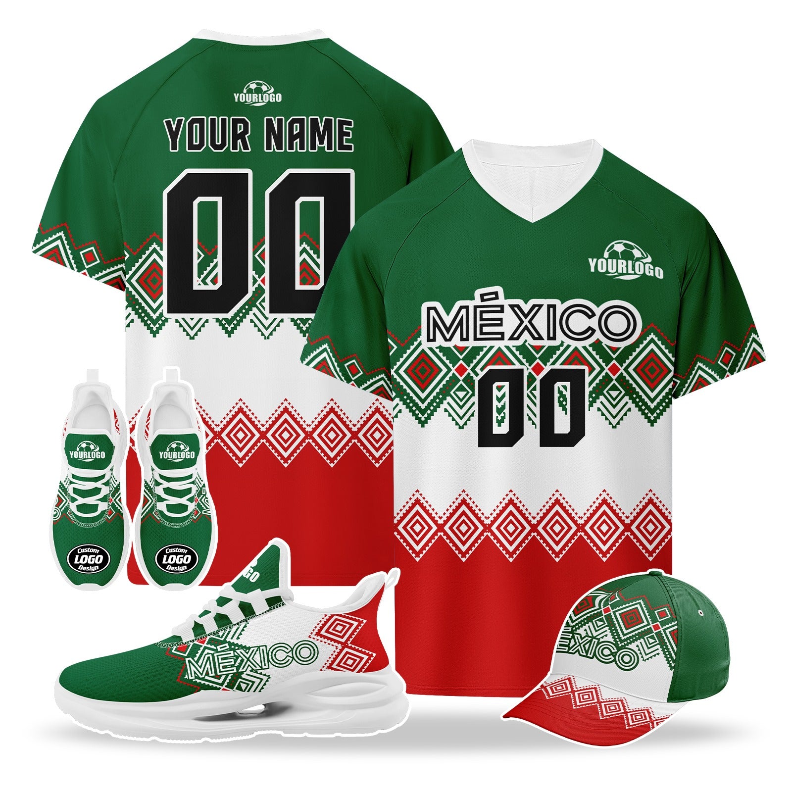 Custom Mexico 2026 World Cup High Quality Soccer Stadium Version Jersey Sneakers Sports Shoes and Hat Combo Offer Personalized Team Name and Logo ZH-F007043-009