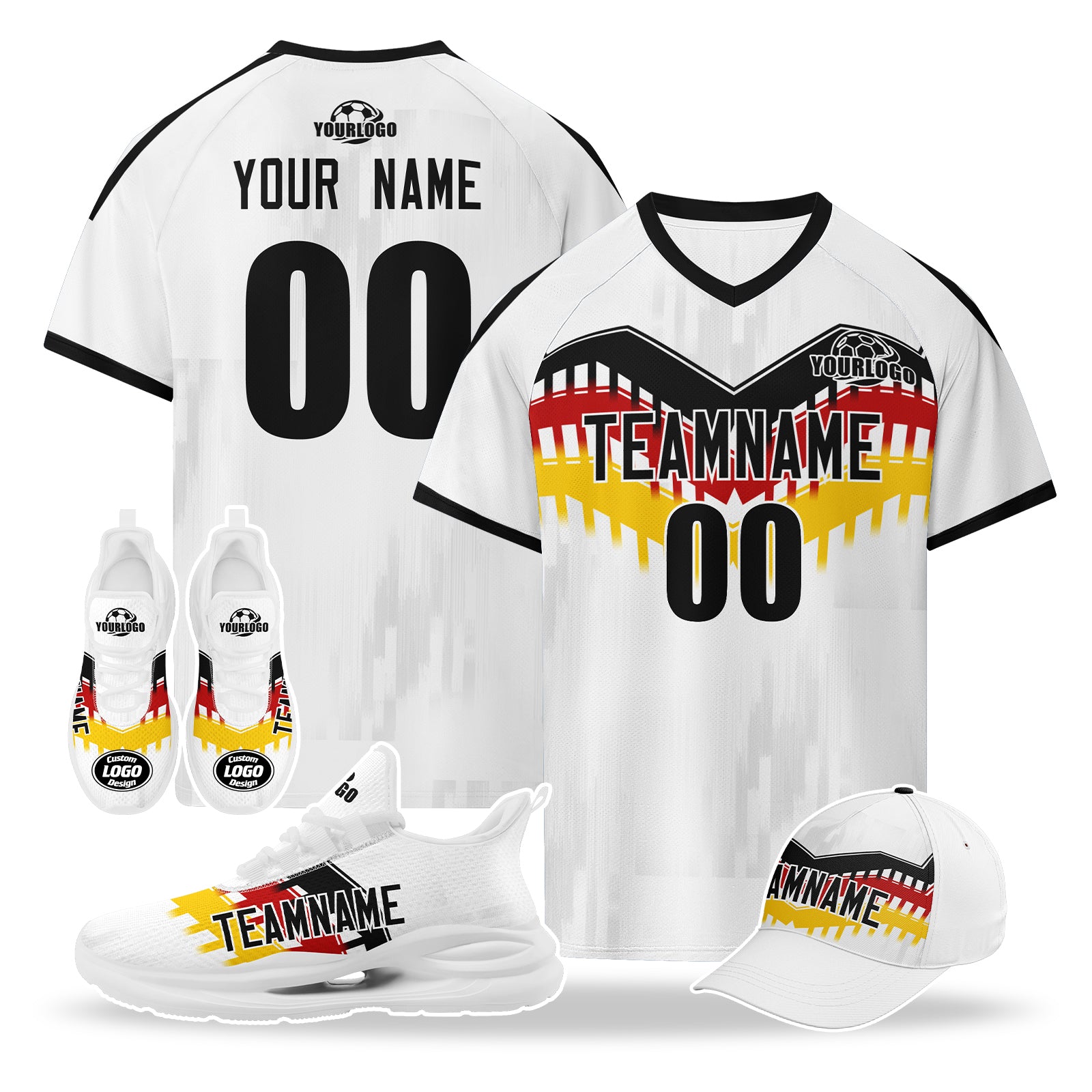 Custom Germany 2026 World Cup High Quality Soccer Stadium Version Jersey Sneakers Sports Shoes and Hat Combo Offer Personalized Team Name and Logo ZH-F007046-001