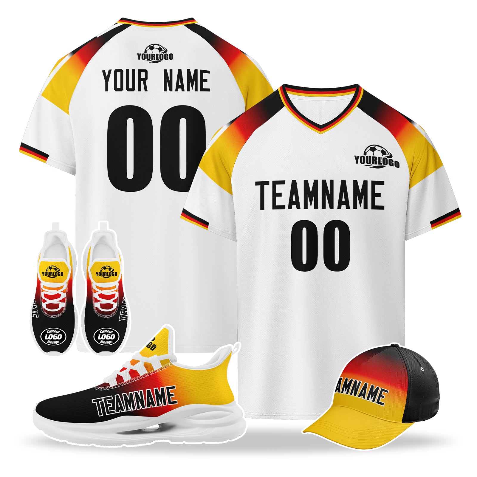 Custom Germany 2026 World Cup High Quality Soccer Stadium Version Jersey Sneakers Sports Shoes and Hat Combo Offer Personalized Team Name and Logo ZH-F007046-004