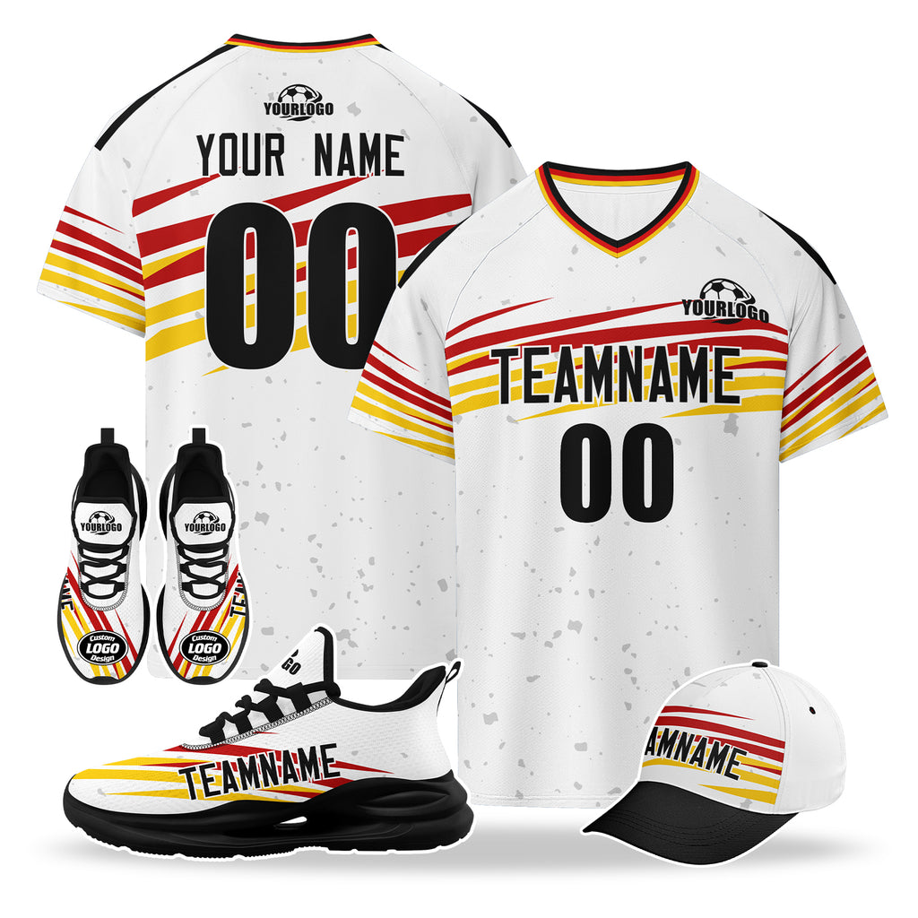 Custom Germany 2026 World Cup High Quality Soccer Stadium Version Jersey Sneakers Sports Shoes and Hat Combo Offer Personalized Team Name and Logo ZH-F007046-006