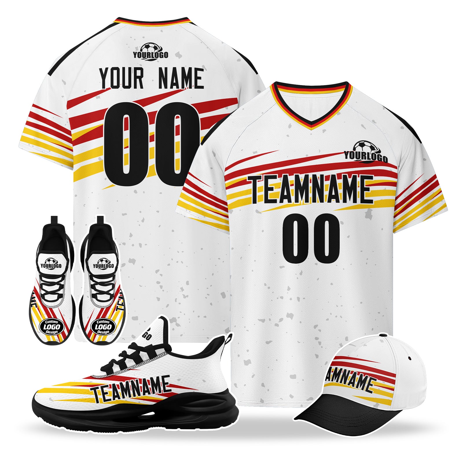 Custom Germany 2026 World Cup High Quality Soccer Stadium Version Jersey Sneakers Sports Shoes and Hat Combo Offer Personalized Team Name and Logo ZH-F007046-006