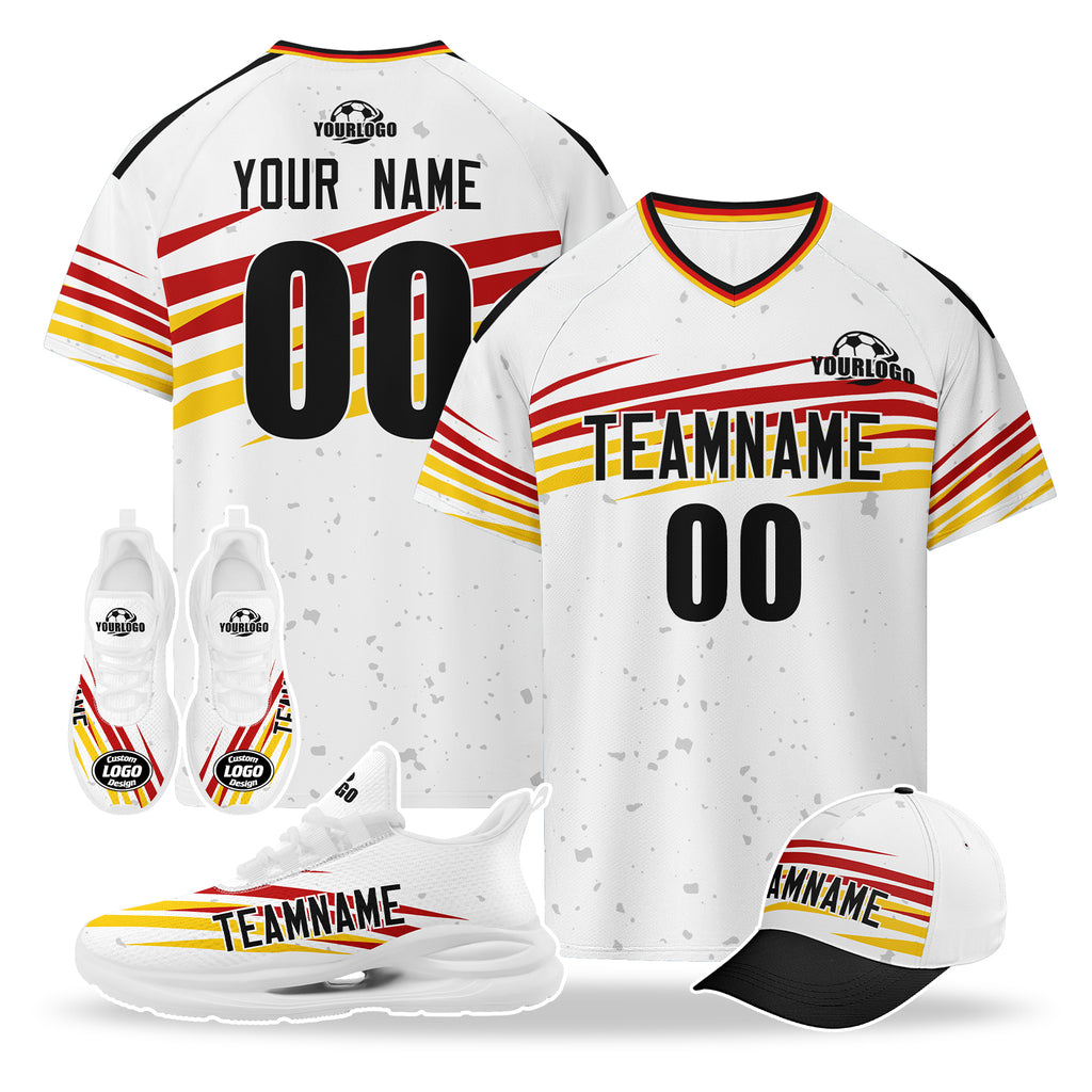 Custom Germany 2026 World Cup High Quality Soccer Stadium Version Jersey Sneakers Sports Shoes and Hat Combo Offer Personalized Team Name and Logo ZH-F007046-006