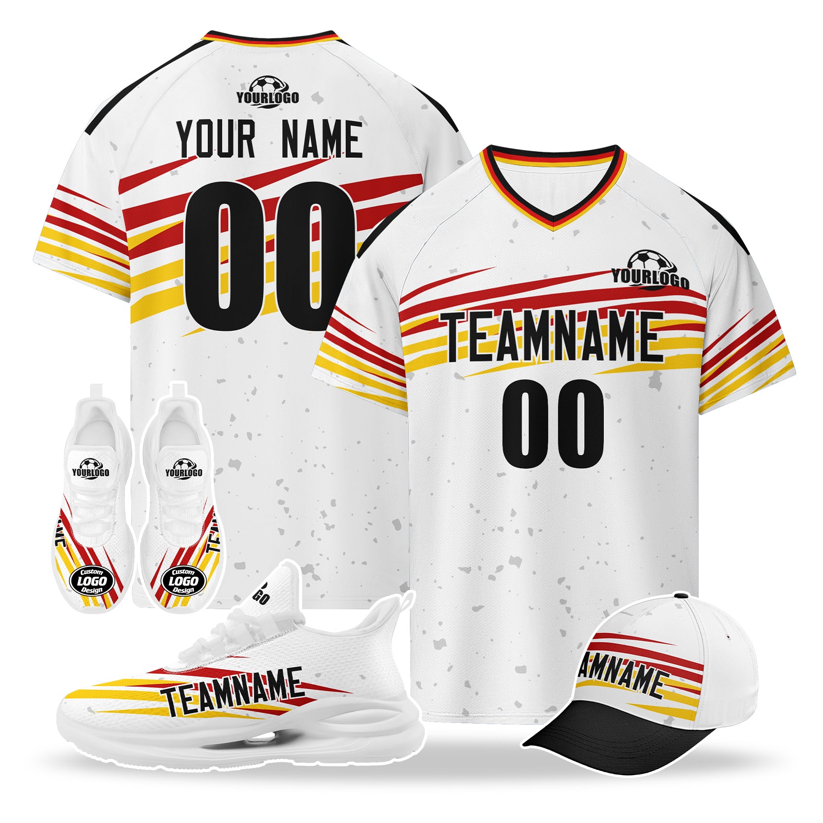 Custom Germany 2026 World Cup High Quality Soccer Stadium Version Jersey Sneakers Sports Shoes and Hat Combo Offer Personalized Team Name and Logo ZH-F007046-006