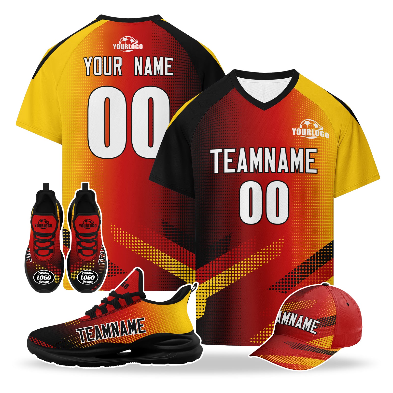 Custom Germany 2026 World Cup High Quality Soccer Stadium Version Jersey Sneakers Sports Shoes and Hat Combo Offer Personalized Team Name and Logo ZH-F007046-008