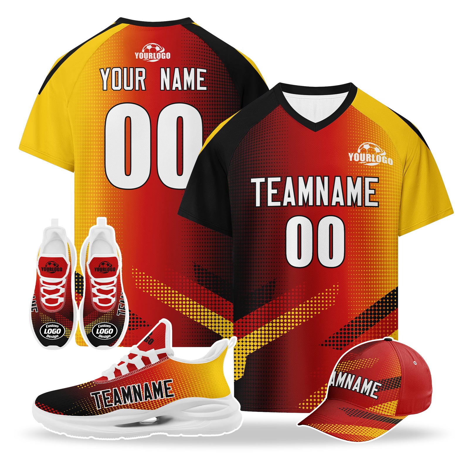 Custom Germany 2026 World Cup High Quality Soccer Stadium Version Jersey Sneakers Sports Shoes and Hat Combo Offer Personalized Team Name and Logo ZH-F007046-008