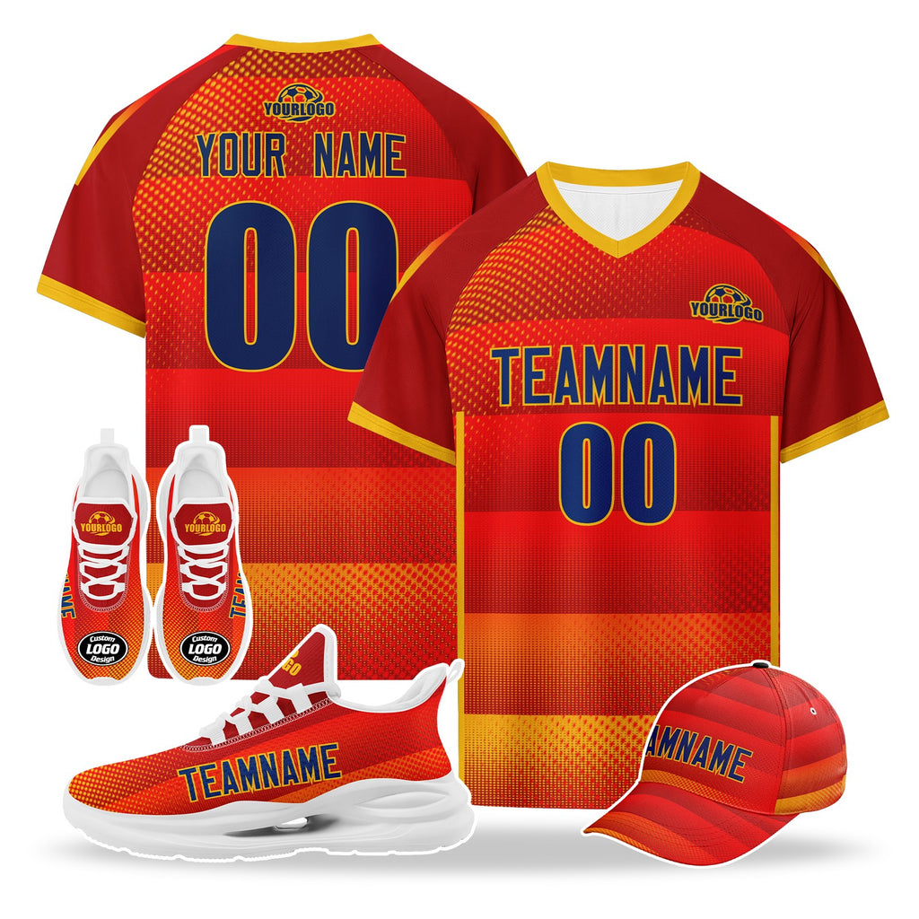 Custom Spain 2026 World Cup High Quality Soccer Stadium Version Jersey Sneakers Sports Shoes and Hat Combo Offer Personalized Team Name and Logo ZH-F007049-001
