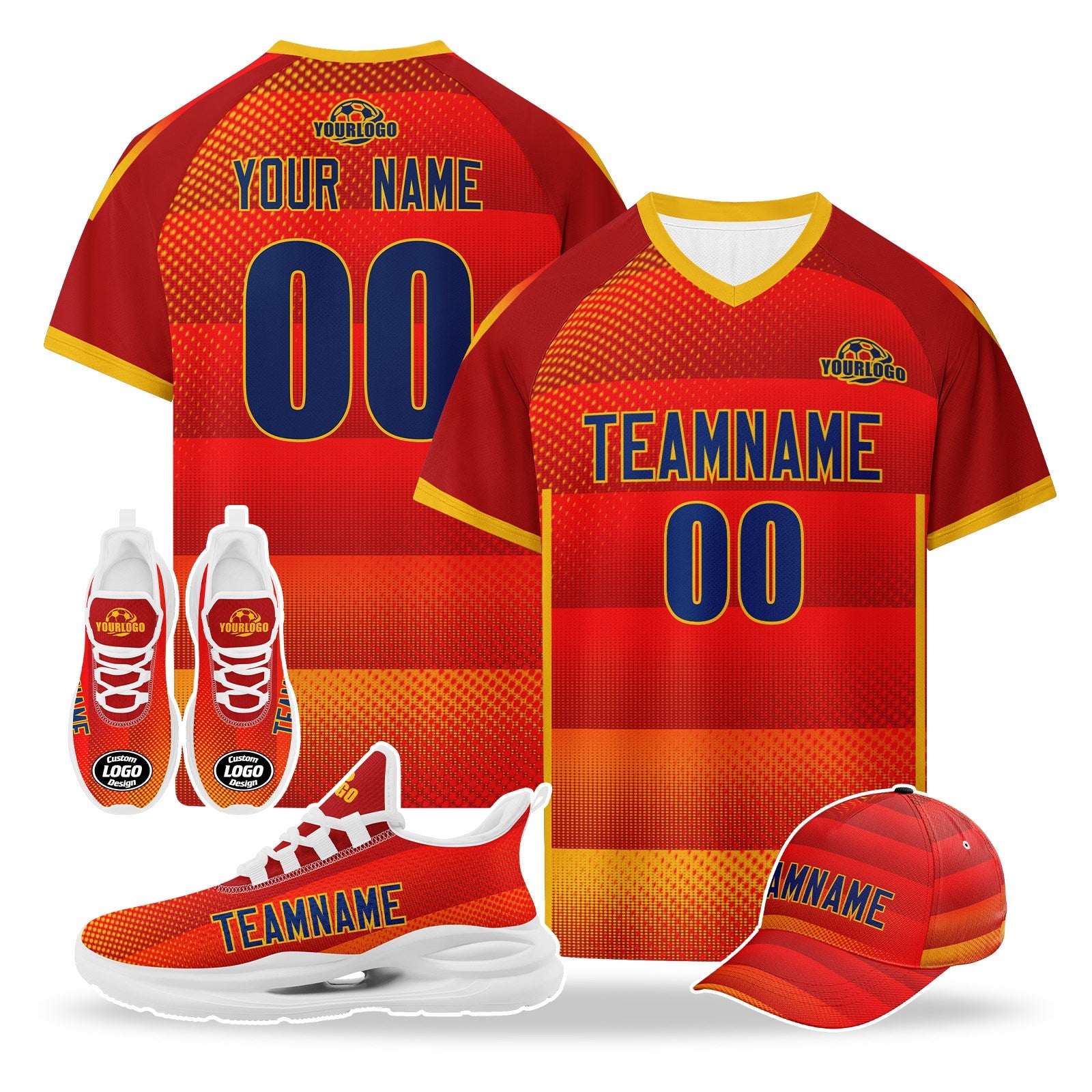 Custom Spain 2026 World Cup High Quality Soccer Stadium Version Jersey Sneakers Sports Shoes and Hat Combo Offer Personalized Team Name and Logo ZH-F007049-001