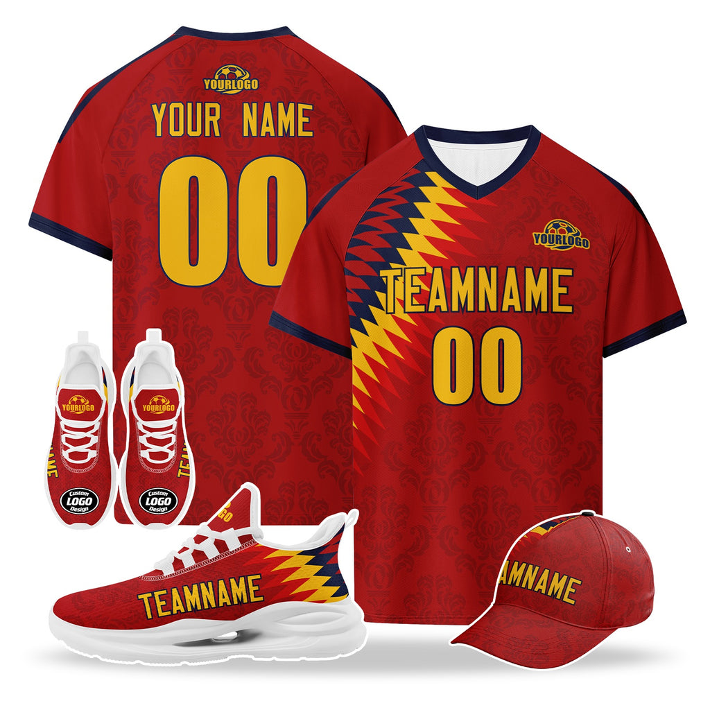 Custom Spain 2026 World Cup High Quality Soccer Stadium Version Jersey Sneakers Sports Shoes and Hat Combo Offer Personalized Team Name and Logo ZH-F007049-002