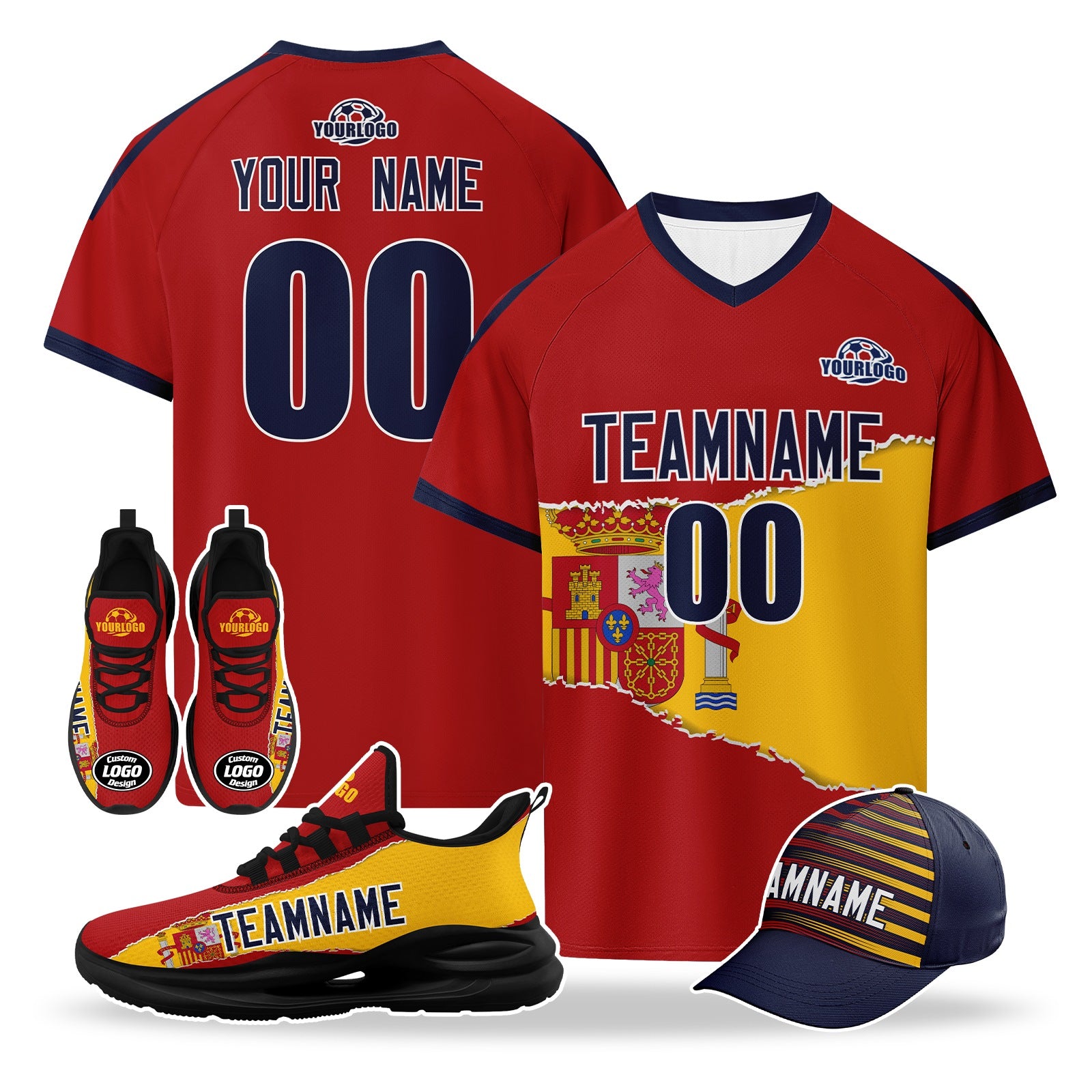 Custom Spain 2026 World Cup High Quality Soccer Stadium Version Jersey Sneakers Sports Shoes and Hat Combo Offer Personalized Team Name and Logo ZH-F007049-003