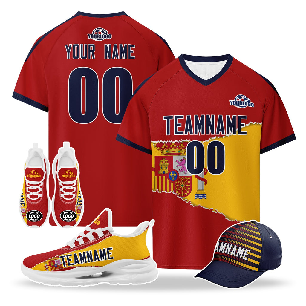 Custom Spain 2026 World Cup High Quality Soccer Stadium Version Jersey Sneakers Sports Shoes and Hat Combo Offer Personalized Team Name and Logo ZH-F007049-003