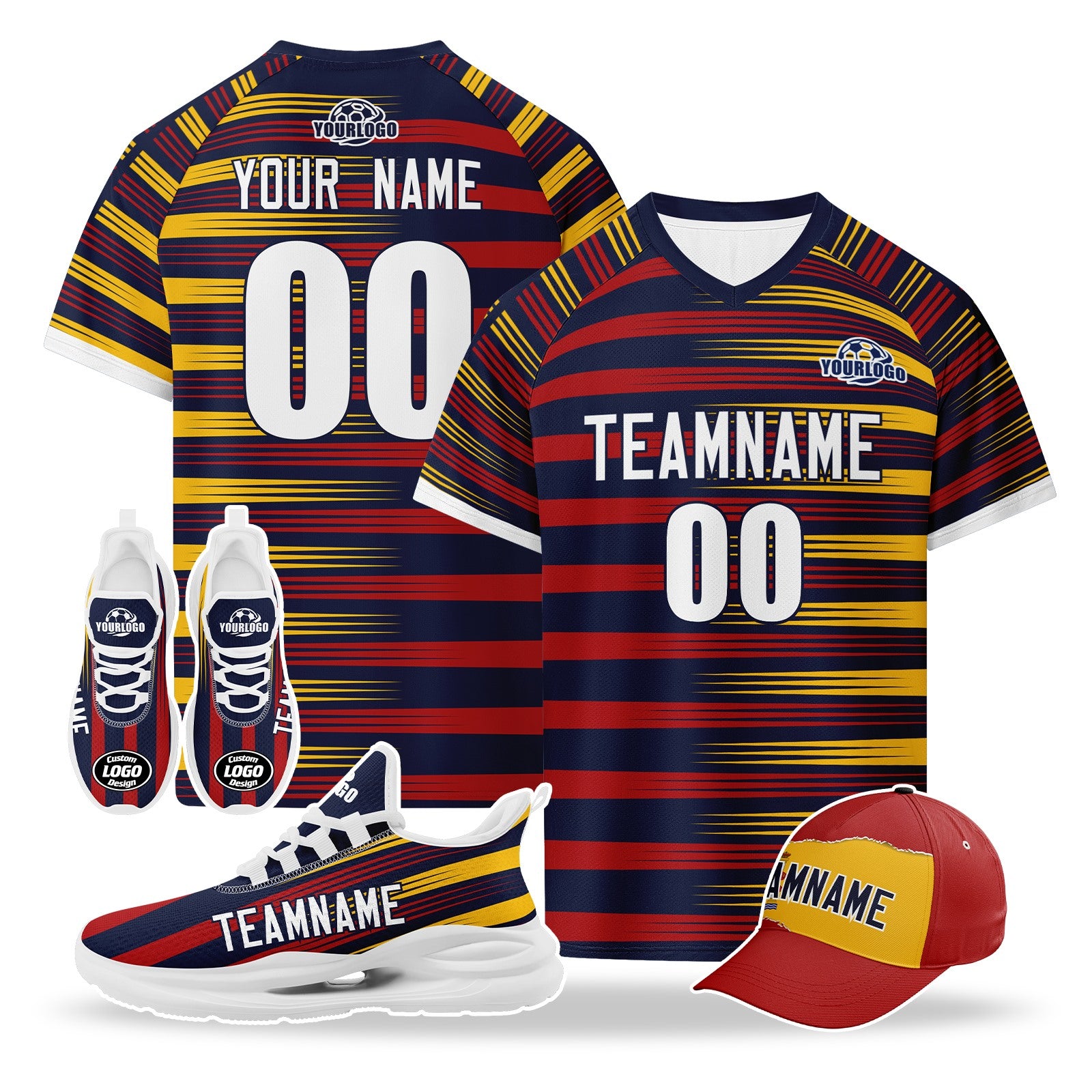 Custom Spain 2026 World Cup High Quality Soccer Stadium Version Jersey Sneakers Sports Shoes and Hat Combo Offer Personalized Team Name and Logo ZH-F007049-004