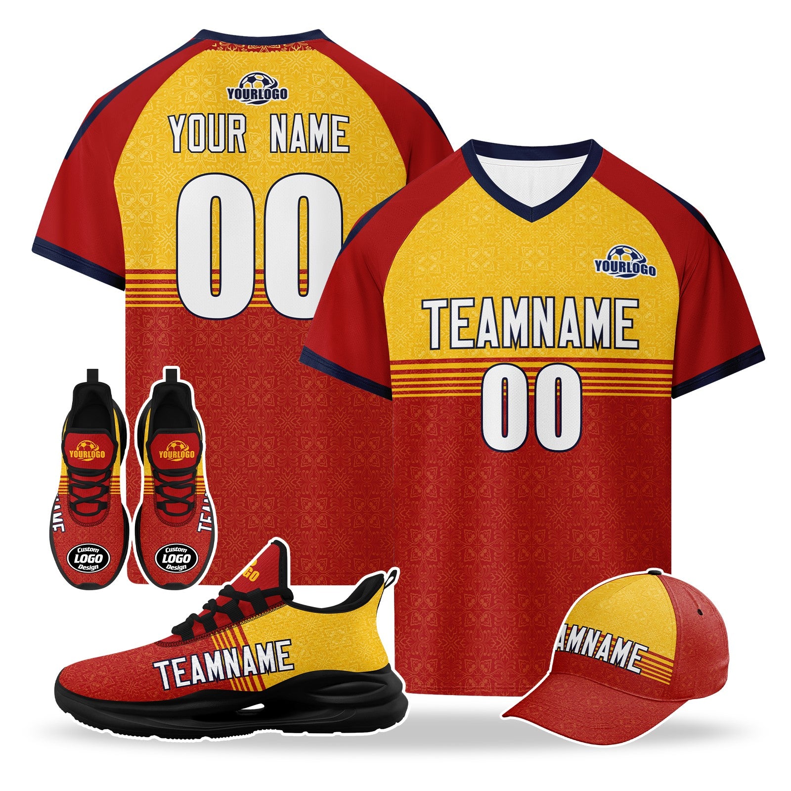 Custom Spain 2026 World Cup High Quality Soccer Stadium Version Jersey Sneakers Sports Shoes and Hat Combo Offer Personalized Team Name and Logo ZH-F007049-005