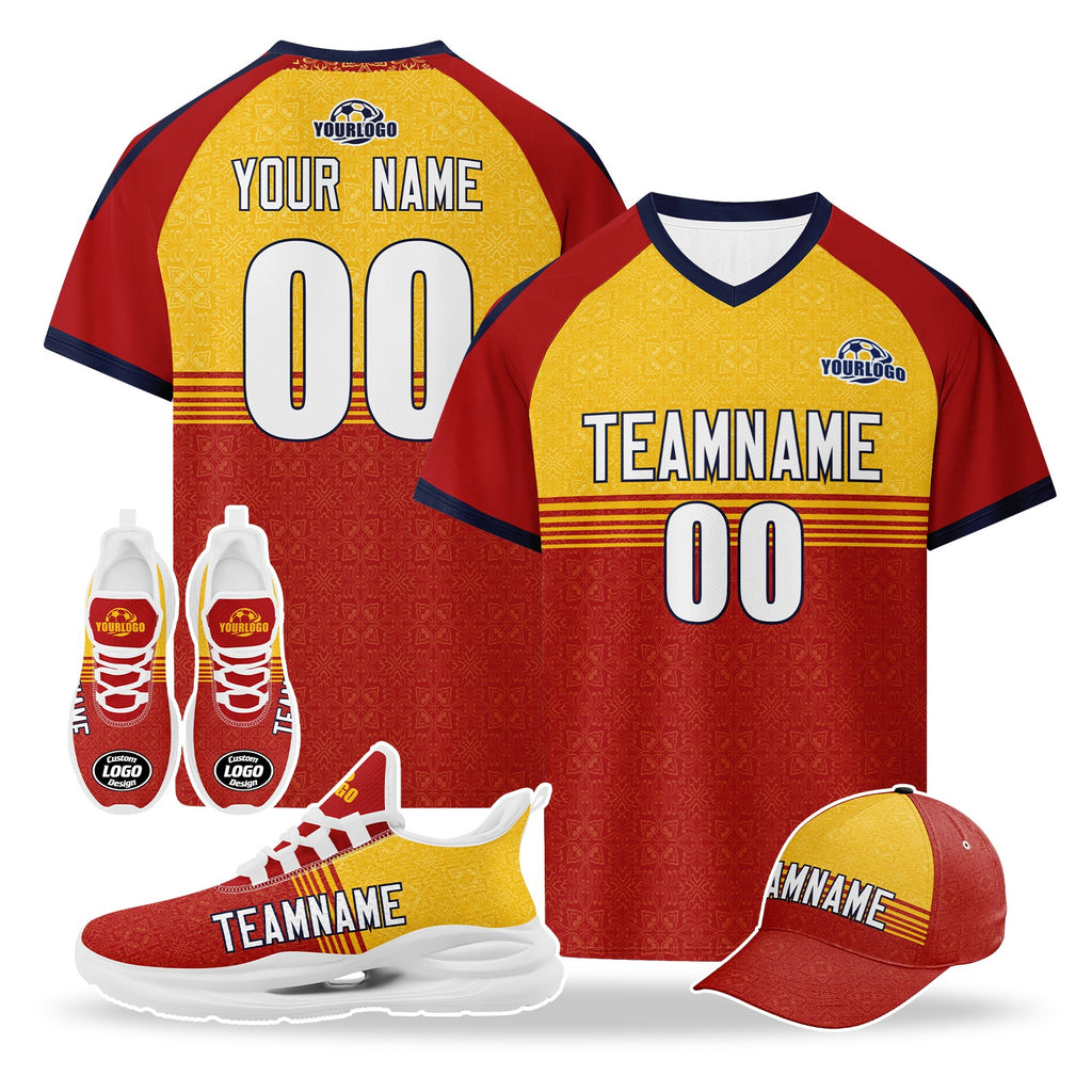 Custom Spain 2026 World Cup High Quality Soccer Stadium Version Jersey Sneakers Sports Shoes and Hat Combo Offer Personalized Team Name and Logo ZH-F007049-005