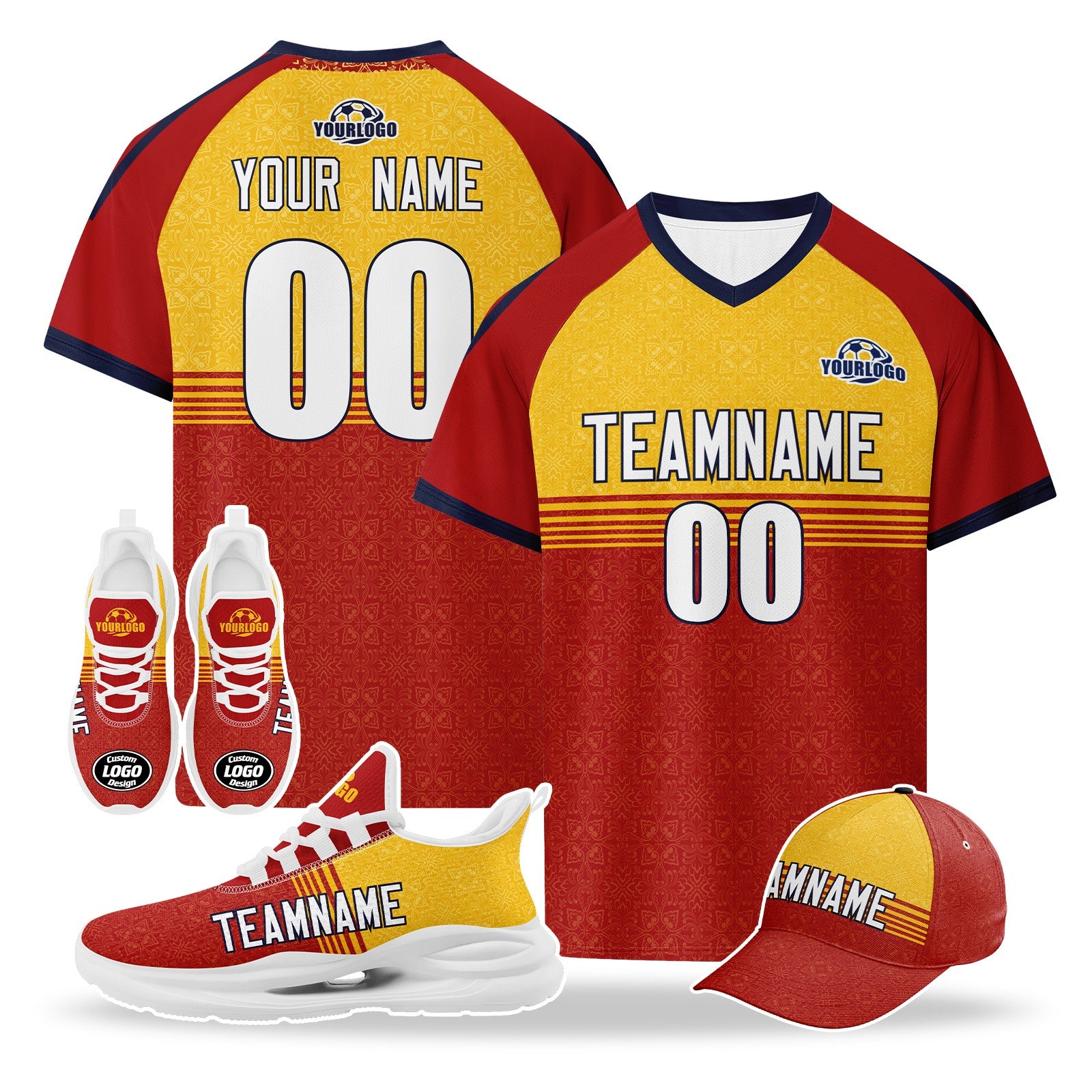 Custom Spain 2026 World Cup High Quality Soccer Stadium Version Jersey Sneakers Sports Shoes and Hat Combo Offer Personalized Team Name and Logo ZH-F007049-005