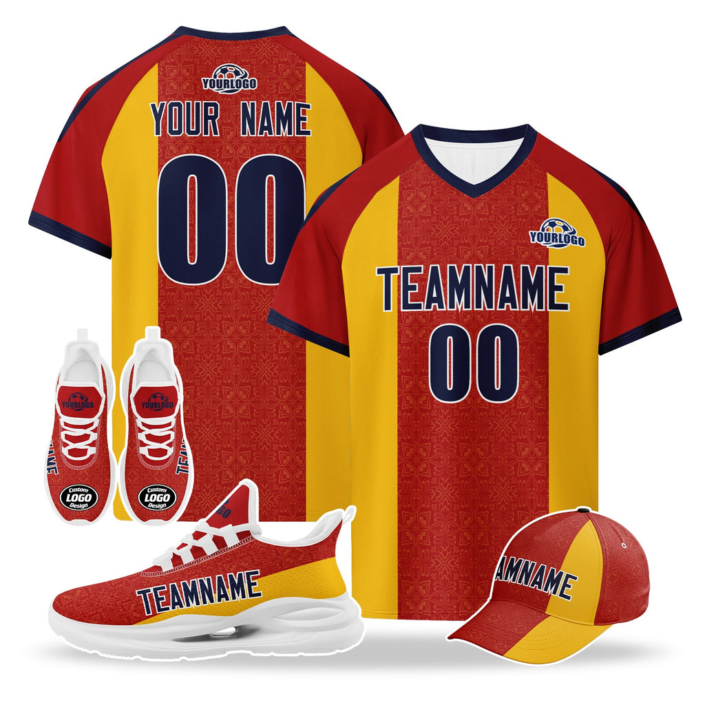 Custom Spain 2026 World Cup High Quality Soccer Stadium Version Jersey Sneakers Sports Shoes and Hat Combo Offer Personalized Team Name and Logo ZH-F007049-006