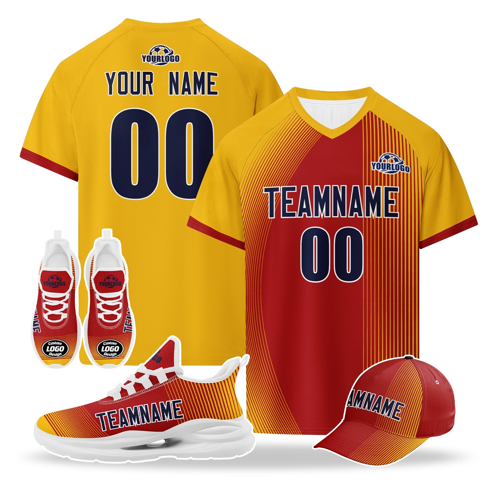 Custom Spain 2026 World Cup High Quality Soccer Stadium Version Jersey Sneakers Sports Shoes and Hat Combo Offer Personalized Team Name and Logo ZH-F007049-007