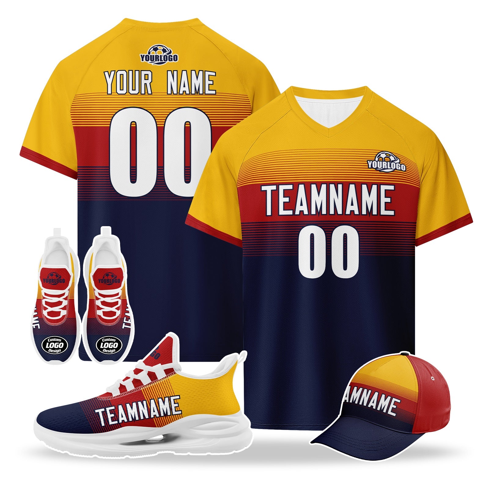 Custom Spain 2026 World Cup High Quality Soccer Stadium Version Jersey Sneakers Sports Shoes and Hat Combo Offer Personalized Team Name and Logo ZH-F007049-008