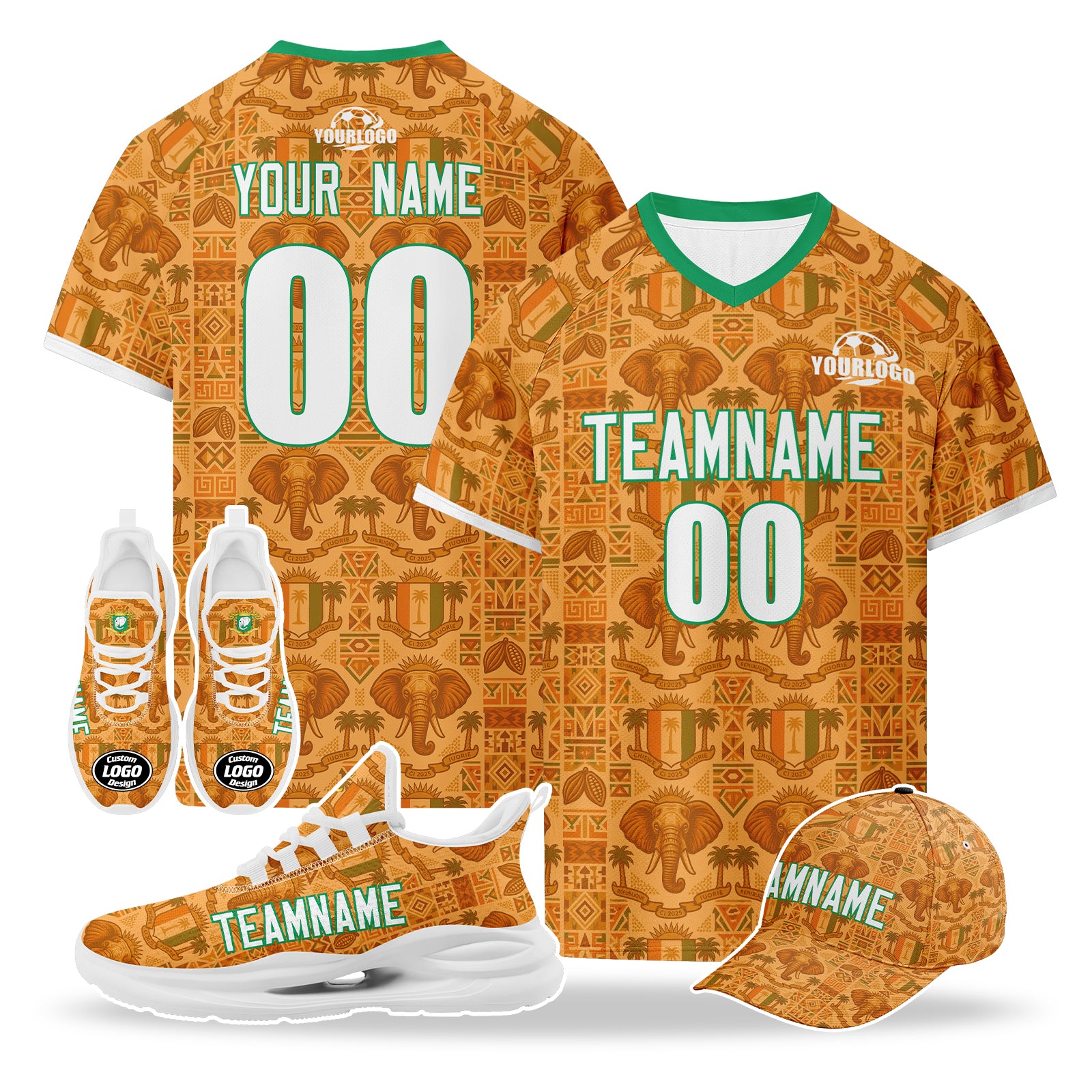 Custom Ivory Coast 2026 World Cup High Quality Soccer Stadium Version Jersey Sneakers Sports Shoes and Hat Combo Offer Personalized Team Name and Logo ZH-F007055-002