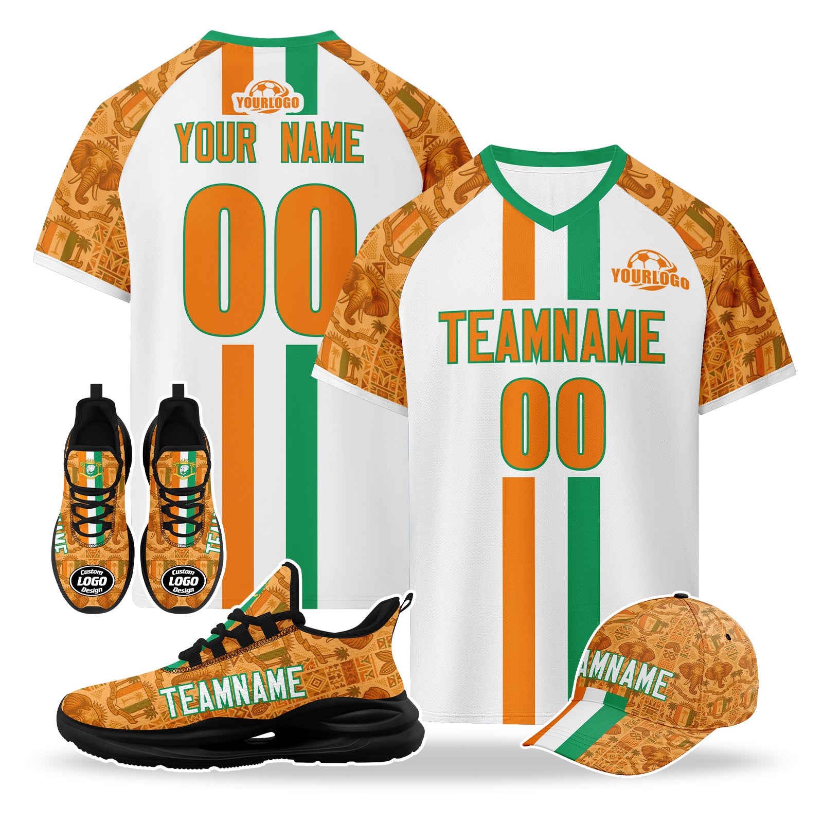Custom Ivory Coast 2026 World Cup High Quality Soccer Stadium Version Jersey Sneakers Sports Shoes and Hat Combo Offer Personalized Team Name and Logo ZH-F007055-003