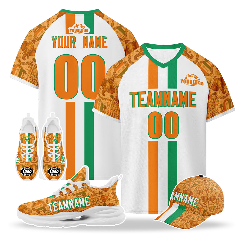 Custom Ivory Coast 2026 World Cup High Quality Soccer Stadium Version Jersey Sneakers Sports Shoes and Hat Combo Offer Personalized Team Name and Logo ZH-F007055-003