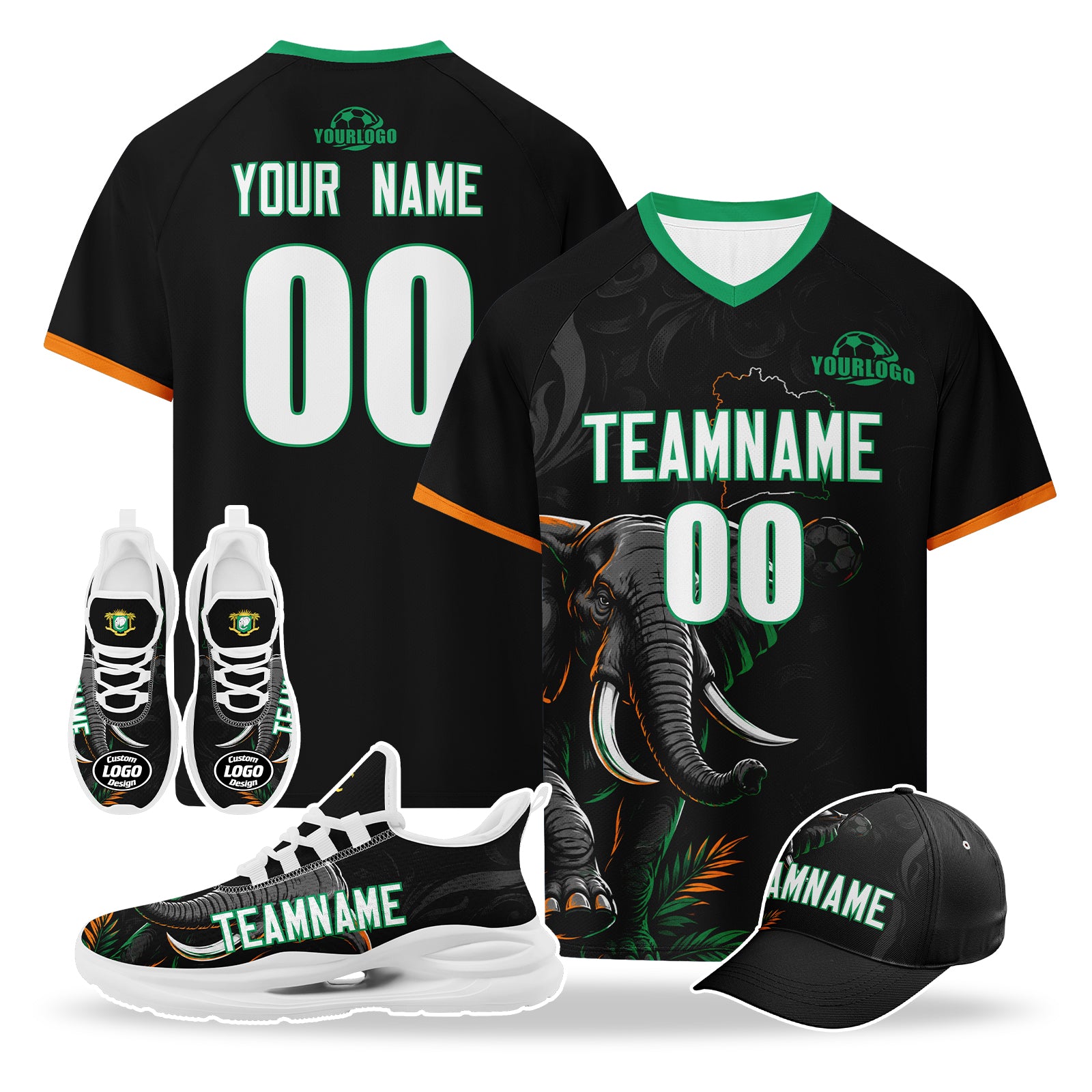 Custom Ivory Coast 2026 World Cup High Quality Soccer Stadium Version Jersey Sneakers Sports Shoes and Hat Combo Offer Personalized Team Name and Logo ZH-F007055-005
