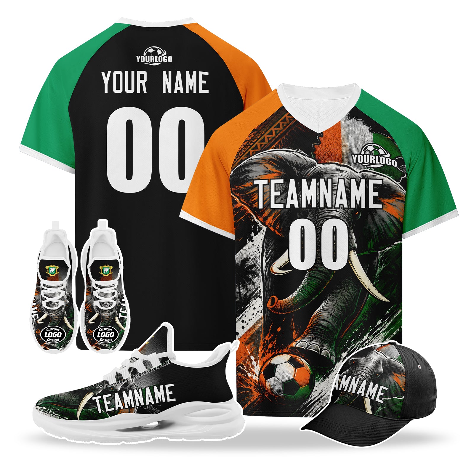 Custom Ivory Coast 2026 World Cup High Quality Soccer Stadium Version Jersey Sneakers Sports Shoes and Hat Combo Offer Personalized Team Name and Logo ZH-F007055-006