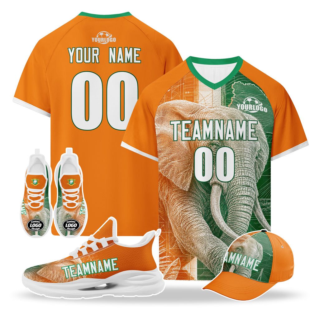 Custom Ivory Coast 2026 World Cup High Quality Soccer Stadium Version Jersey Sneakers Sports Shoes and Hat Combo Offer Personalized Team Name and Logo ZH-F007055-007