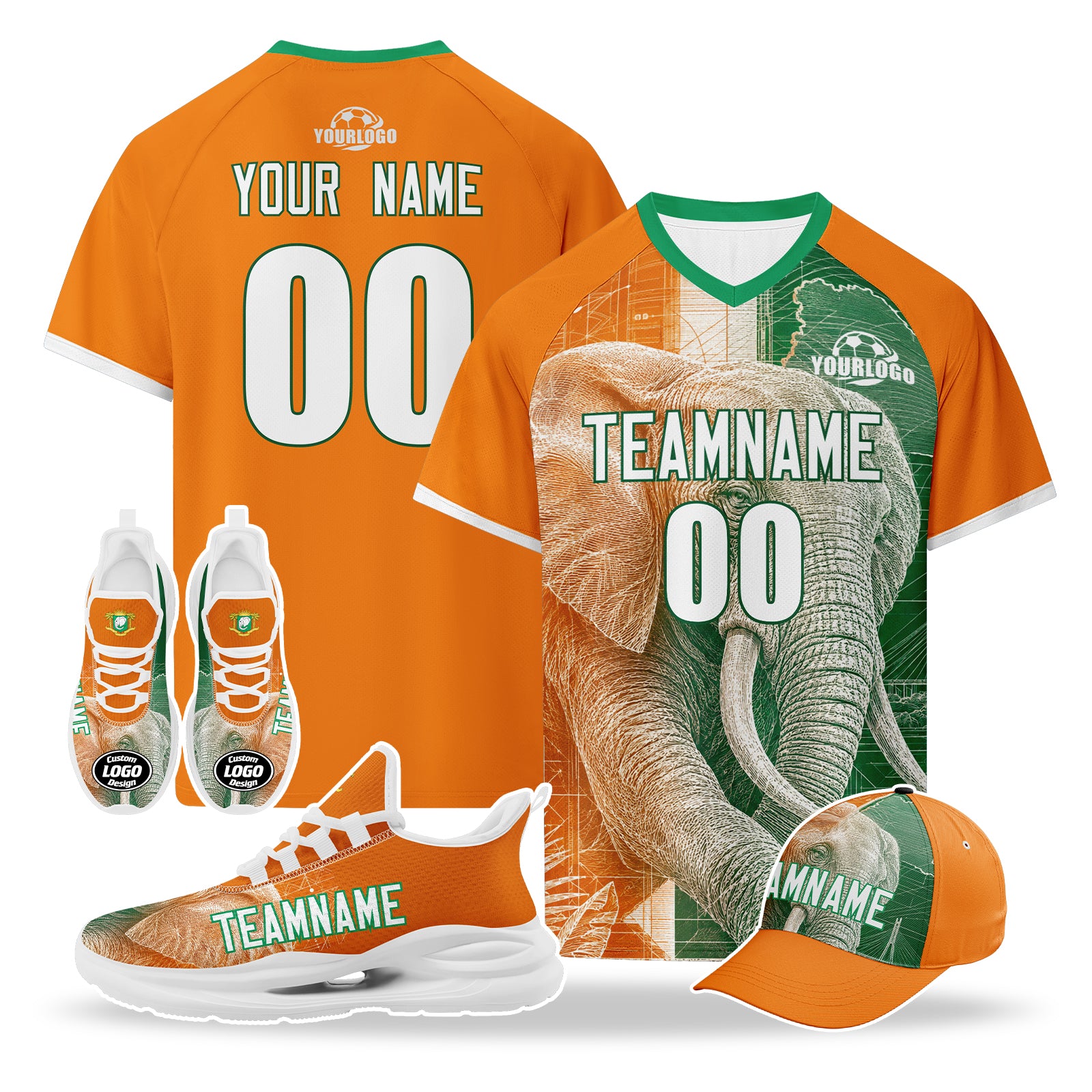 Custom Ivory Coast 2026 World Cup High Quality Soccer Stadium Version Jersey Sneakers Sports Shoes and Hat Combo Offer Personalized Team Name and Logo ZH-F007055-007